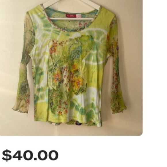 Derhy Yellow and Green Graphic Embellished Blouse, Sheer Sleeves. - Picture 2 of 10